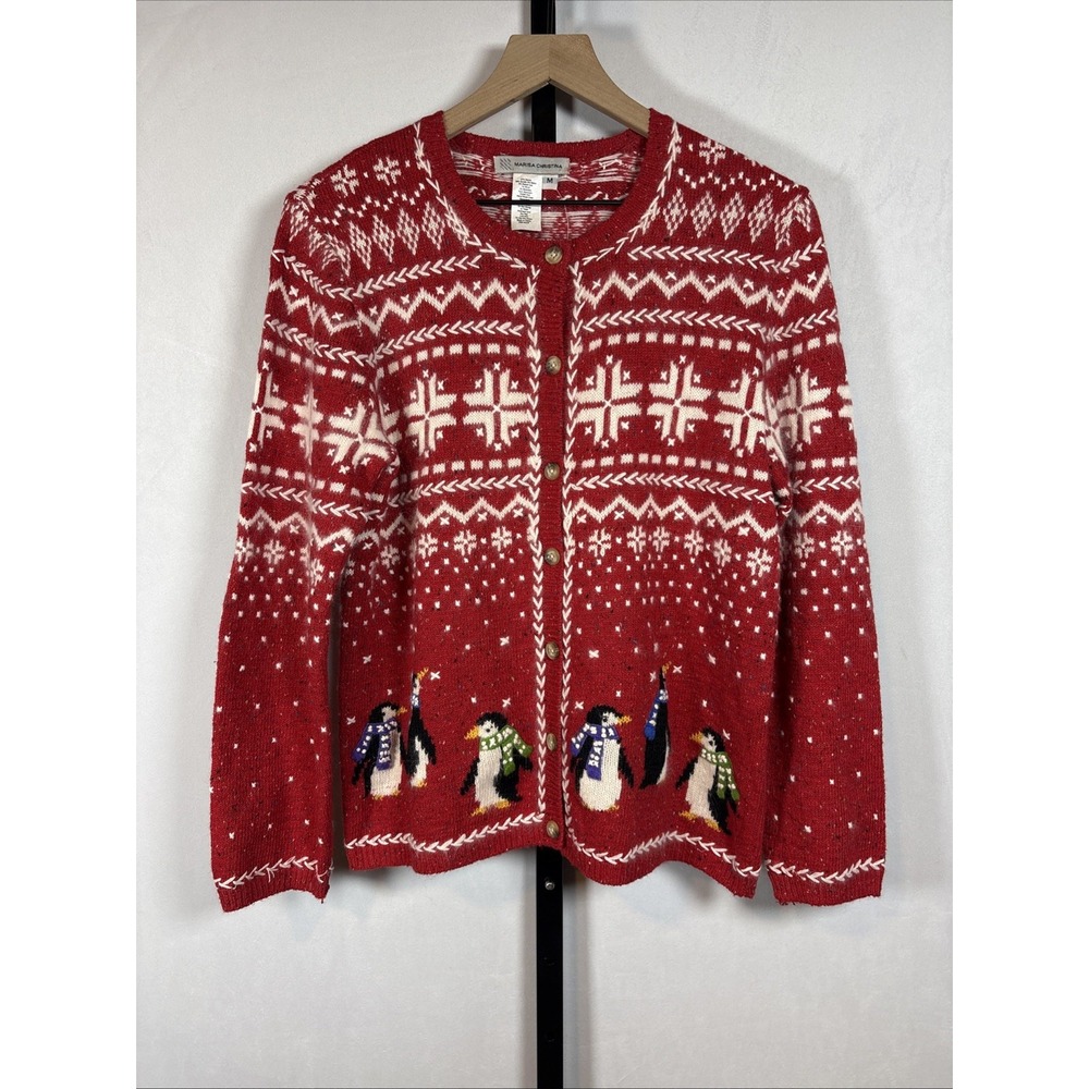 Marisa Christina Fair Isle Cardigan Sweater Womens Medium Red Penguins Christmas